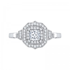 Cushion Cut Diamond Double Halo Vintage Engagement Ring in 14K White Gold