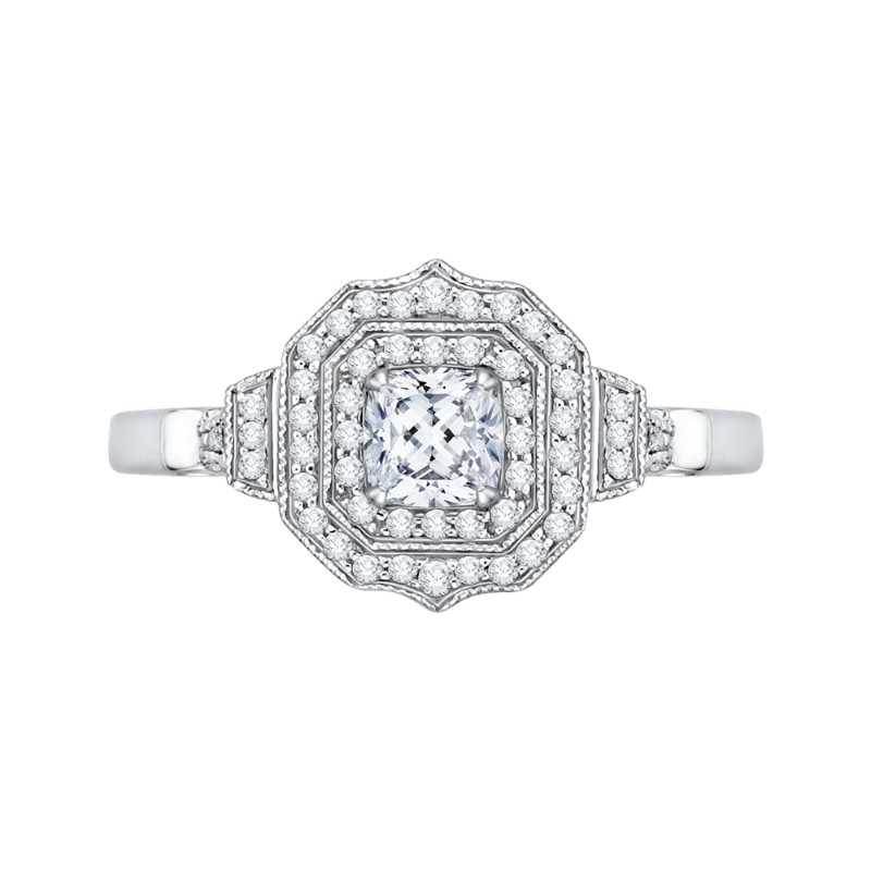 Cushion Cut Diamond Double Halo Vintage Engagement Ring in 14K White Gold
