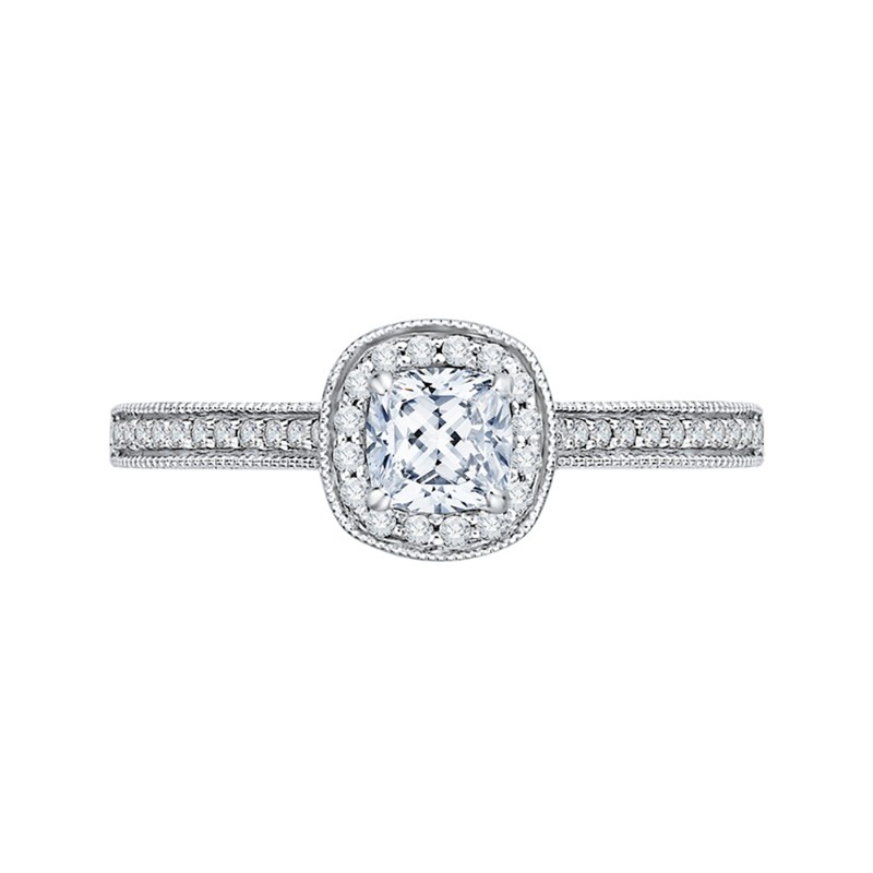 Cushion Cut Diamond Halo Engagement Ring in 14K White Gold