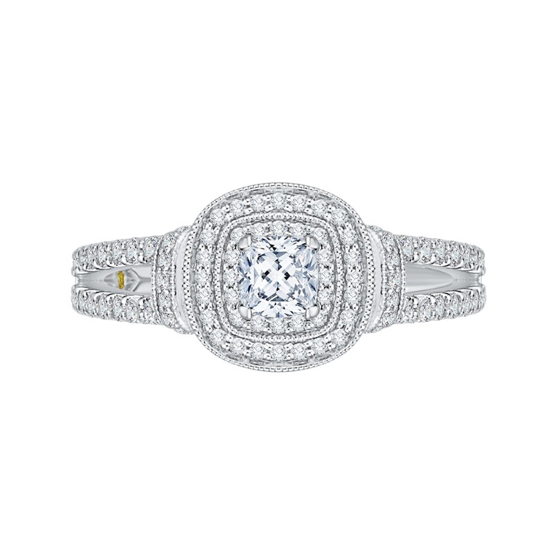 Cushion Cut Diamond Double Halo Engagement Ring in 14K White Gold