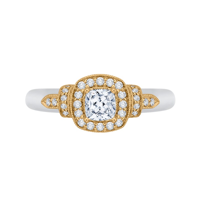 Cushion Cut Diamond Halo Engagement Ring in 14K Two Tone Gold