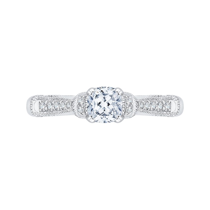 Cushion Cut Diamond Cathedral Style Engagement Ring in 14K White Gold