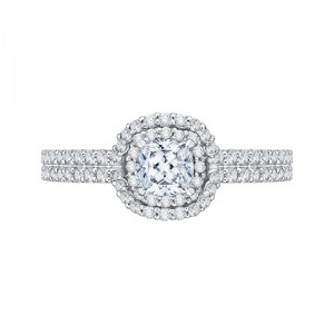 Cushion Cut Diamond Double Halo Cathedral Style Engagement Ring in 14K White Gold