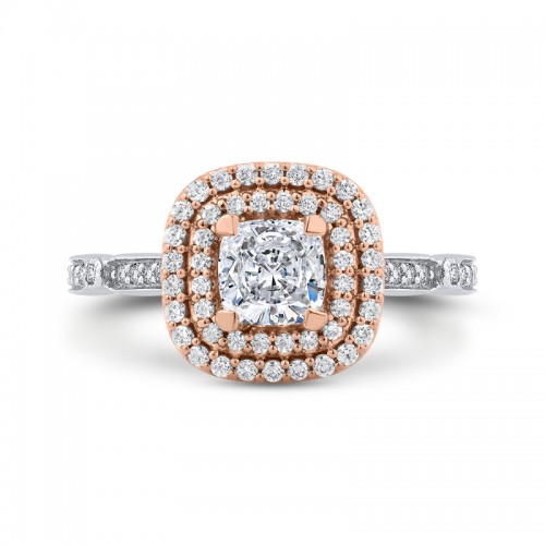 Cushion Cut Double Halo Diamond Engagement Ring in 14K Two Tone Gold