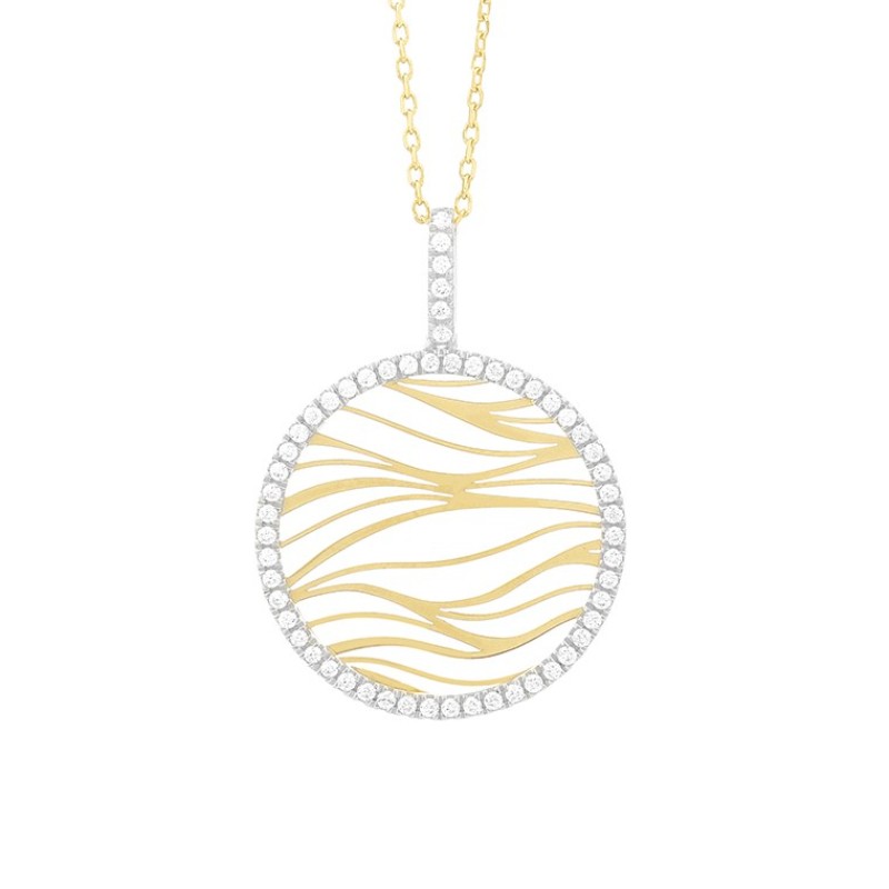 14K YELLOW GOLD ROUND WAVE PENDANT WITH .30CTTW ROUND SI CLARITY & GH COLOR DIAMONDS SET IN THE HALO AND BAIL ON A 16/17/18
