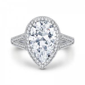 Split Shank Pear Cut Diamond Halo Engagement Ring in 18K White Gold (Semi-Mount)