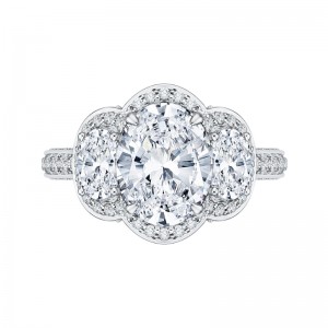 Oval Cut Diamond Three-Stone Halo Engagement Ring in 18K White Gold (Semi-Mount)