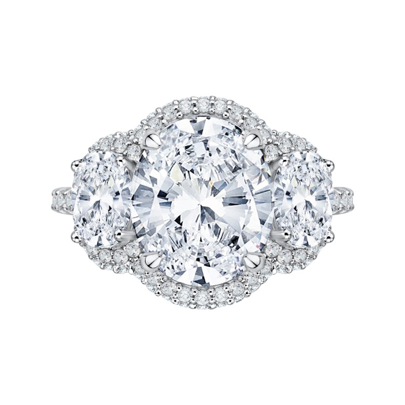 Oval Cut Diamond Three-Stone Halo Engagement Ring in 18K White Gold (Semi-Mount)