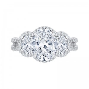 Split Shank Oval Cut Diamond Three-Stone Halo Engagement Ring in 18K White Gold (Semi-Mount)