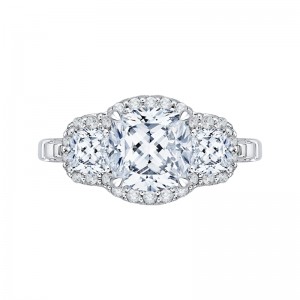 Cushion Cut Three-Stone Diamond Halo Engagement Ring in 18K White Gold (Semi-Mount)