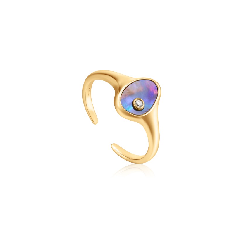ANIA HAIE 14K GOLD PLATED ON STERLING SILVER TIDAL ABALONE ADJUSTABLE SIGNET RING WITH CZ