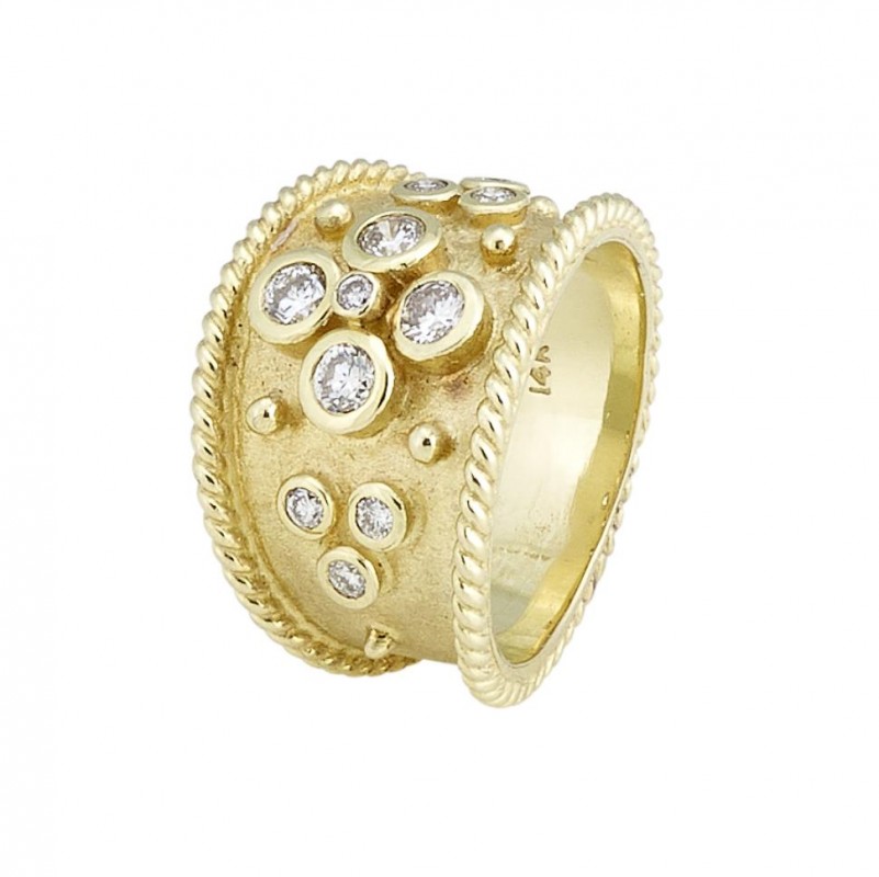 14kt Yellow Gold Florentine Textured Etruscan Style Diamond Ring