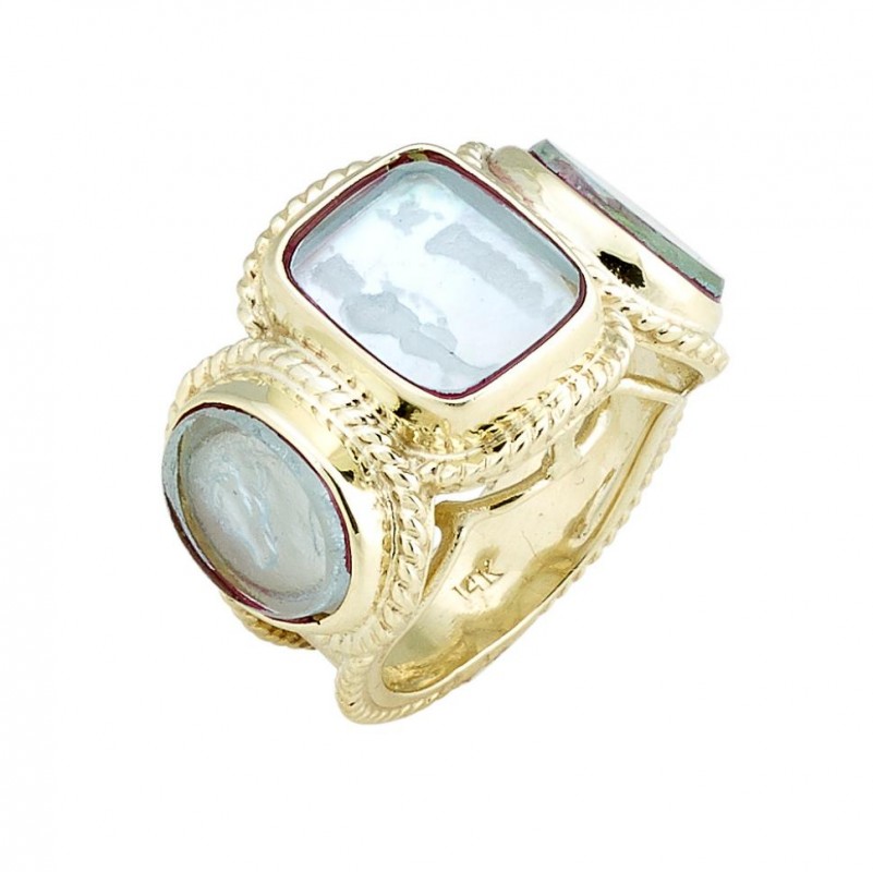 14kt Yellow Gold Aqua Color Venetian Glass Horse and Oedipus with Sphinx Ring