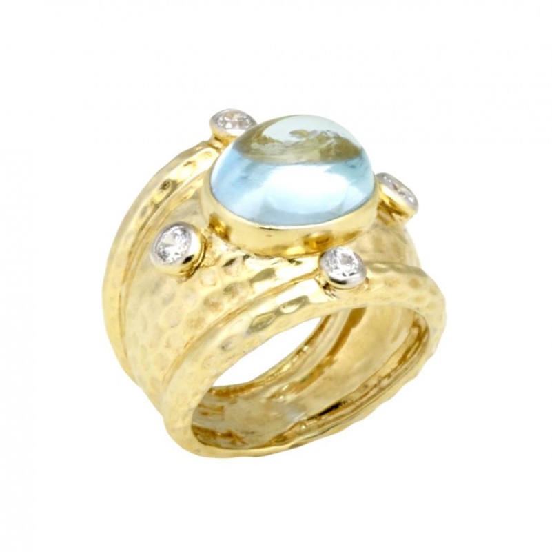 14kt Yellow Gold Hammered Blue Topaz & Diamond Ring
