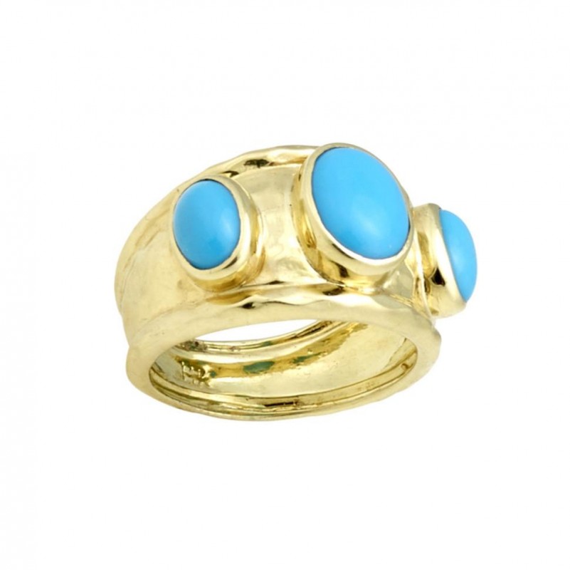 14kt Yellow Gold Three Stone Hammered Texture Sleeping Beauty Turquoise Ring