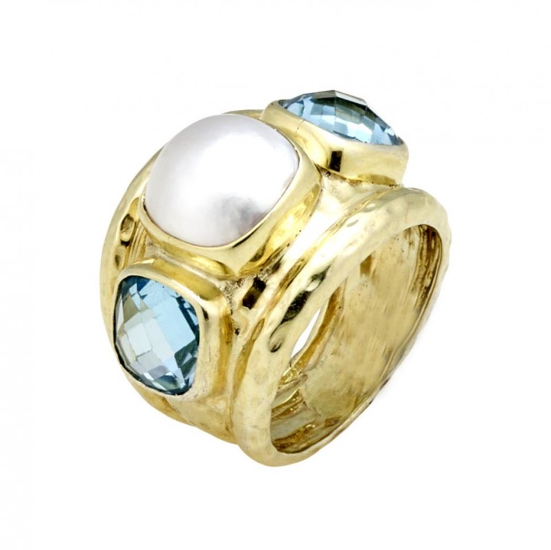 14kt Yellow Gold Hammered Swiss Blue Topaz & Mabe Pearl Ring