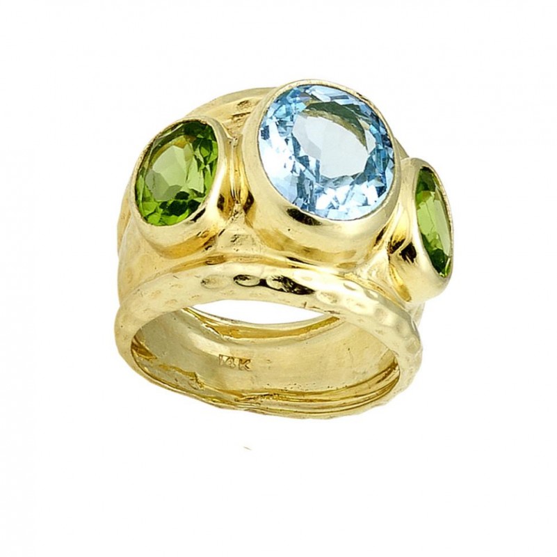 14kt Yellow Gold Hammered Three Stone Peridot & Blue Topaz Ring