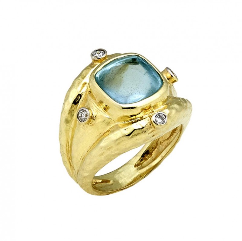 14kt Yellow Gold Hammered Aquamarine Sugar Loaf Cabochon & Diamond Ring