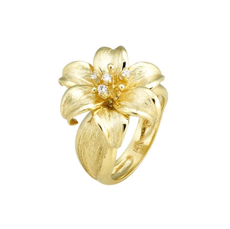 14kt Yellow Gold Smaller Florentine Textured Diamond Lily Ring