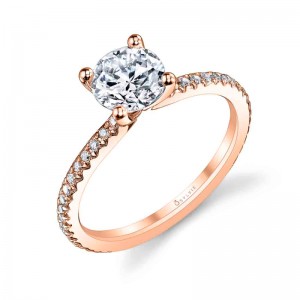 14K ROSE GOLD SEMI MOUNTING WITH.12CTTW ROUND SI CLARITY & GH COLOR DIAMONDS SET 1/2 WAY DOWN WITH A FOUR PRONG HEAD