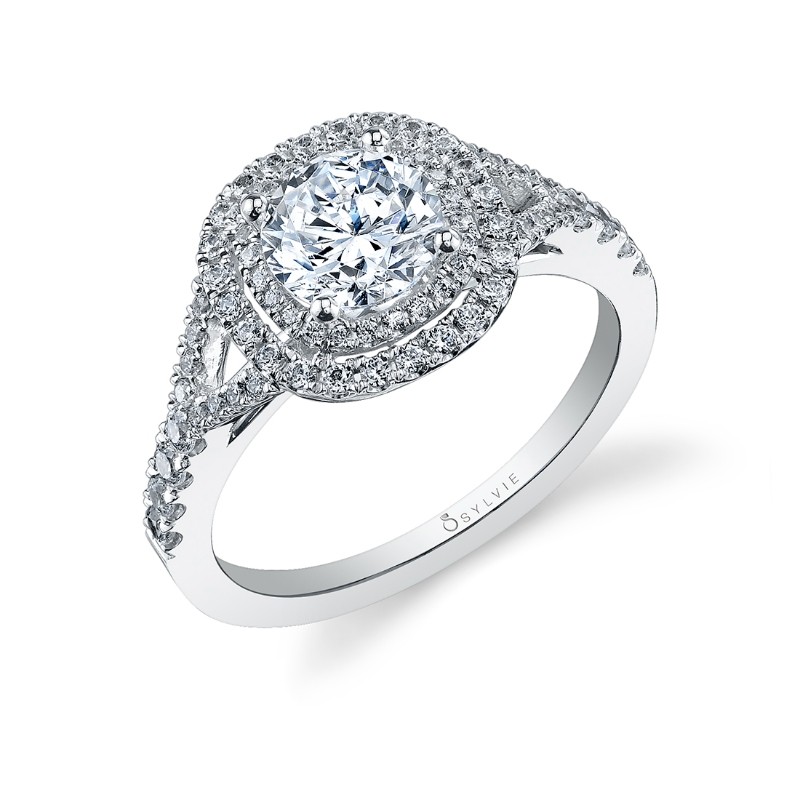Round Cushion Cut Two Tone Double Halo Engagement Ring - Rose
