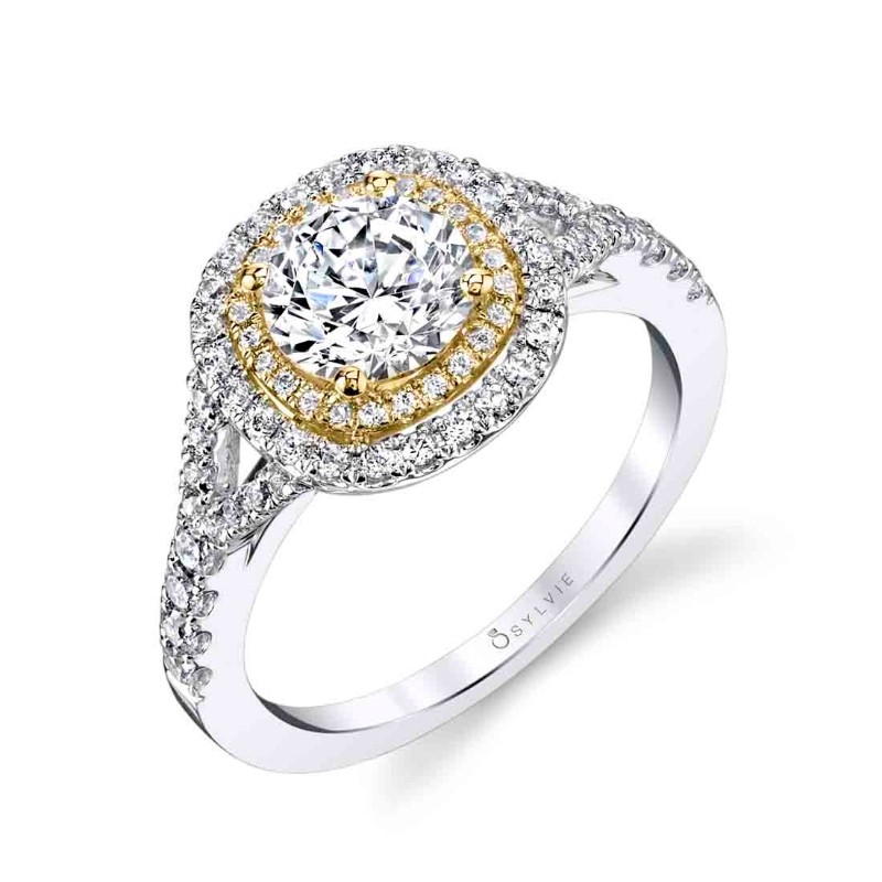 Round Cushion Cut Two Tone Double Halo Engagement Ring - Rose