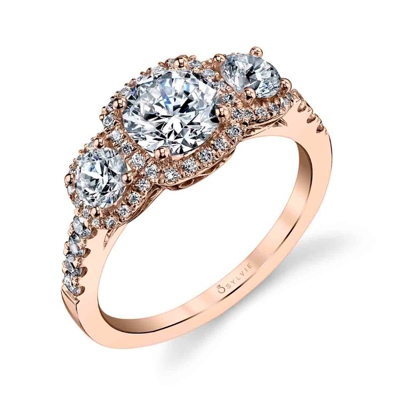 Round Cushion Cut Three Stone Halo Engagement Ring - Hannela