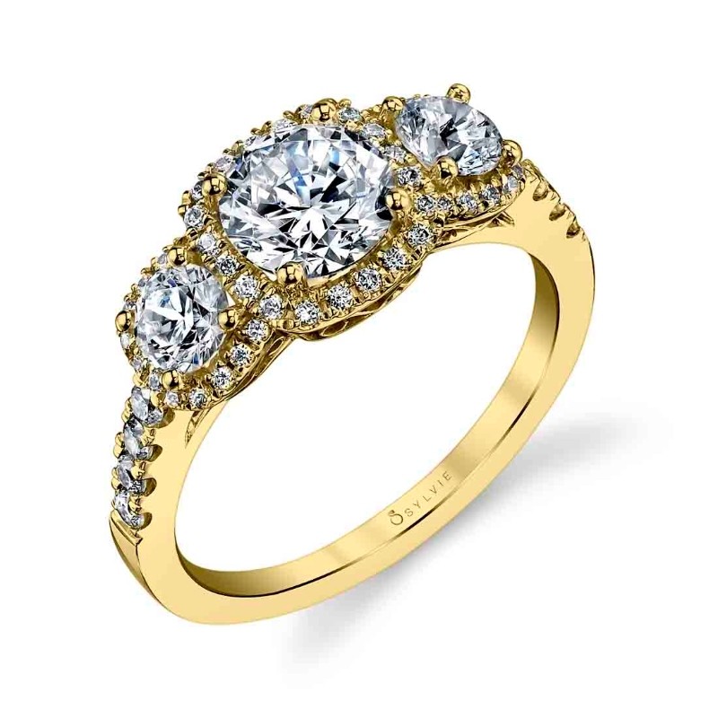 Round Cushion Cut Three Stone Halo Engagement Ring - Hannela