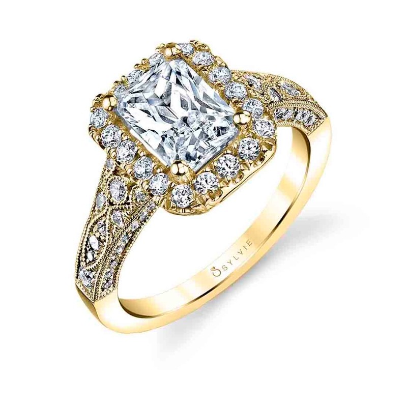 Emerald Cut Modern Vintage Halo Engagement Ring - Cheri