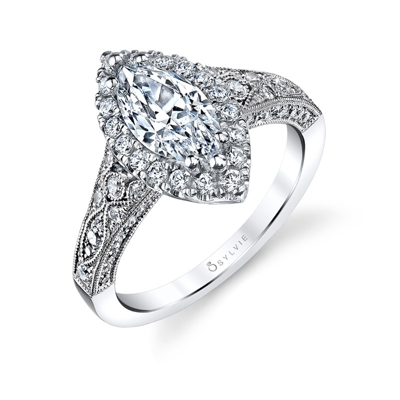 Marquise Cut Modern Vintage Halo Engagement Ring - Cheri