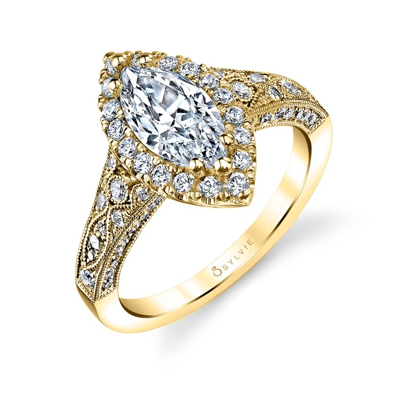 Marquise Cut Modern Vintage Halo Engagement Ring - Cheri