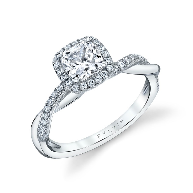 Cushion Cut Two Tone Modern Halo Diamond Spiral Engagement Ring - Coralie