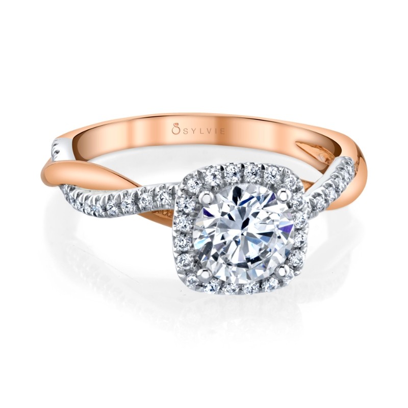 Cushion Cut Two Tone Modern Halo Diamond Spiral Engagement Ring - Coralie