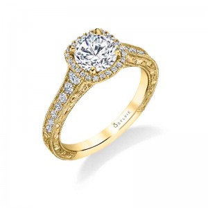 SYLVIE 14K YG .39CTW SI/GH DIAMOND SEMI MOUNT RING WITH DIAMOND HALO AND DIAMOND ENGRAVED BAND - CENTER TO ACCOMMODATE A .93CT RBC
