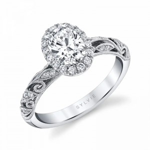14K WHITE GOLD SEMI MOUNTING WITH .37CTTW ROUND SI CLARITY & GH COLOR DIAMONDS SET IN THE FLORAL SIDES AND SQUARED HALO