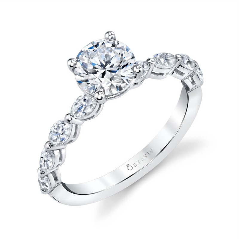 Round Cut Classic Engagement Ring With Marquise Side Stones - Solange