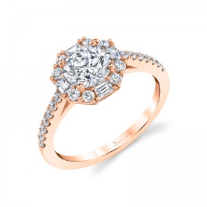 14K ROSE GOLD SEMI MOUNTING WITH .38CTTW ROUND AND BAGUETTE SI CLARITY & G COLOR DIAMONDS SET DOWN DOWN THE SHANK AND IN THE HALO SET WITH A .75CT CHAMPAGNE OCTAGON DIAMOND