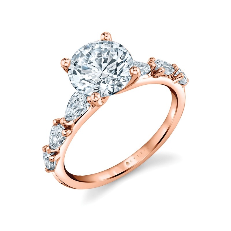 Round Cut Engagement Ring with Pear Side Stones - Beverly
