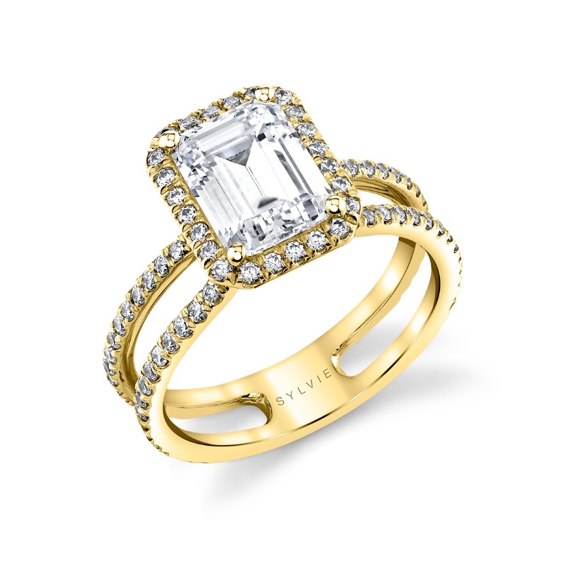 Emerald Cut Classic Halo Split Shank Engagement Ring - Dana