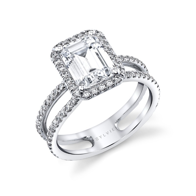 Emerald Cut Classic Halo Split Shank Engagement Ring - Dana