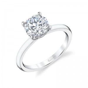 14K WHITE GOLD SOLITAIRE SETTING WITH .12CTTW ROUND SI CLARITY & GH COLOR DIAMONDS SET IN THE HIDDEN HALO UNDER THE CENTER (FOR 7.25 X 7.3 X 4.51MM ROUND CENTER)