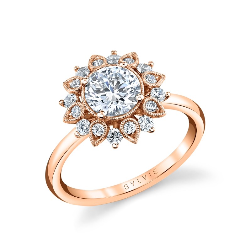 Round Cut Solitaire Floral Halo Engagement Ring - Carissa