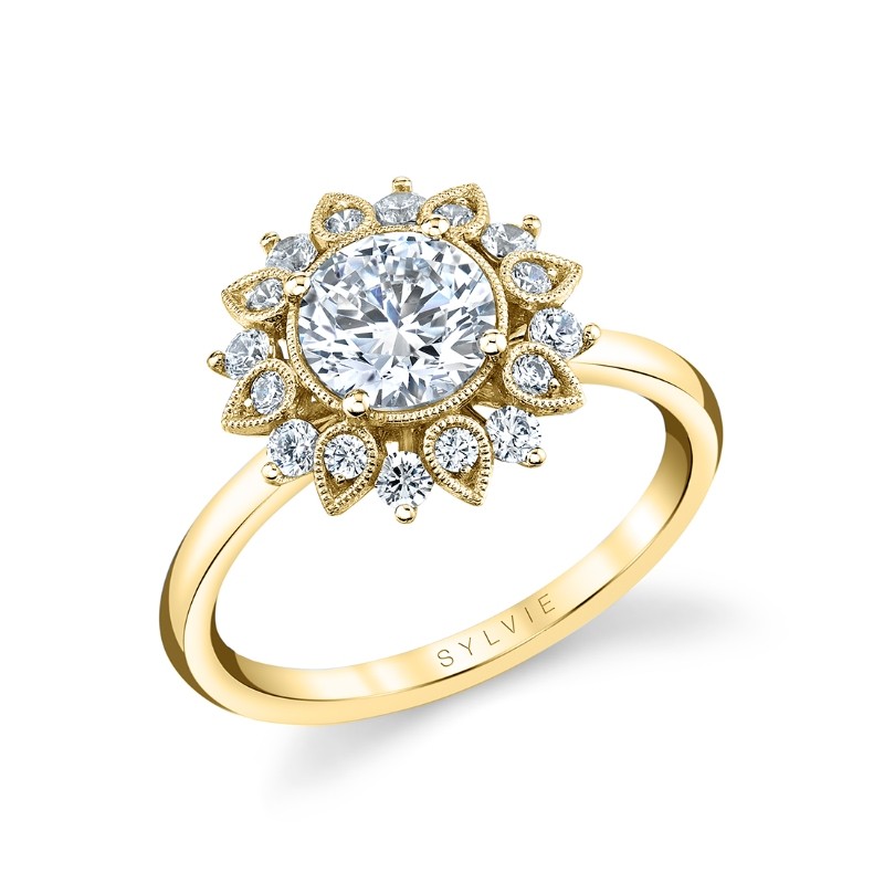 Round Cut Solitaire Floral Halo Engagement Ring - Carissa