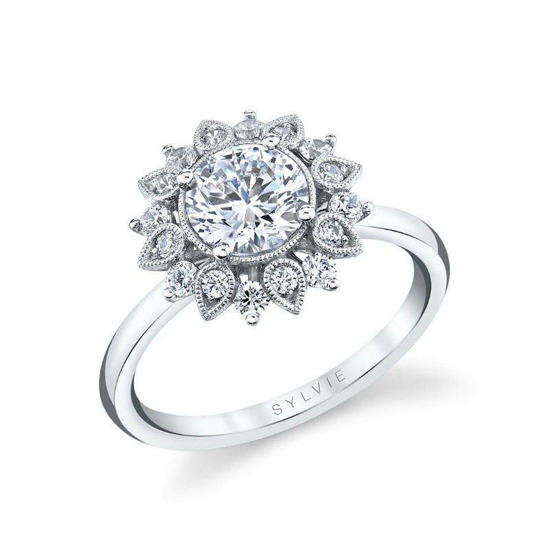 Round Cut Solitaire Floral Halo Engagement Ring - Carissa
