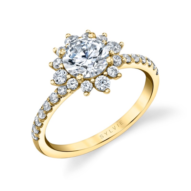 Round Cut Floral Halo Engagement Ring - Angela