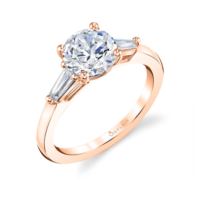 Round Cut Three Stone Engagement Ring with Baguettes - Nicolette