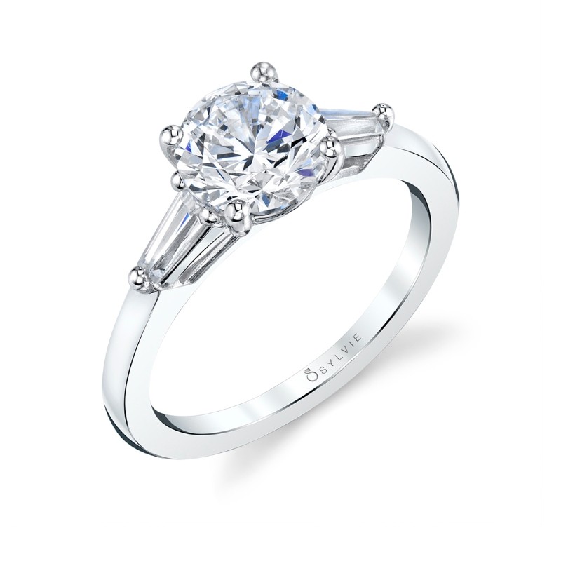 Round Cut Three Stone Engagement Ring with Baguettes - Nicolette
