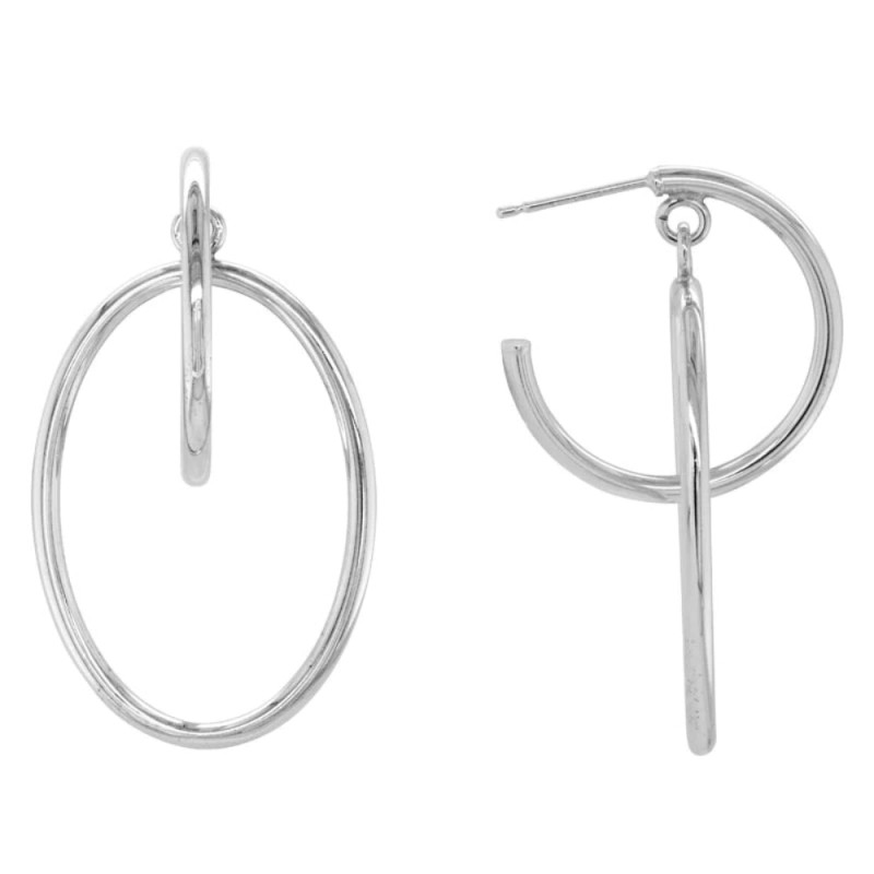 STERLING SILVER (RHODIUM PLATED) ROUND TOP WITH DANGLE OVAL DROP POST EARRINGS