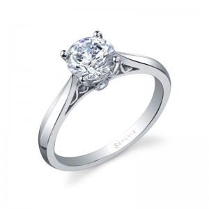 14K WG .02TW SI/GH DIAMOND SEMI MOUNT RING WITH POLISHED SHANK AND SCROLLED PROFILES A PEEK-A-BOO DIAMOND SIZE 5.5
