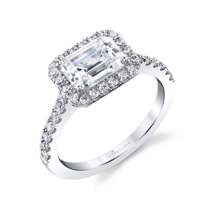 Emerald Cut East-West Classic Halo Engagement Ring - Chantelle